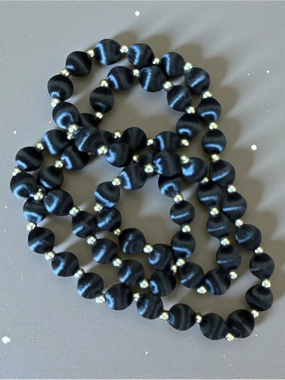 Vintage Black Satin Wrapped Bead Necklace 30” + Gold Tone Spacers 70s 80s